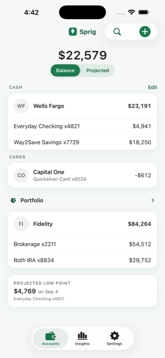 Sprig Accounts tab showing bank, card, and investment balances