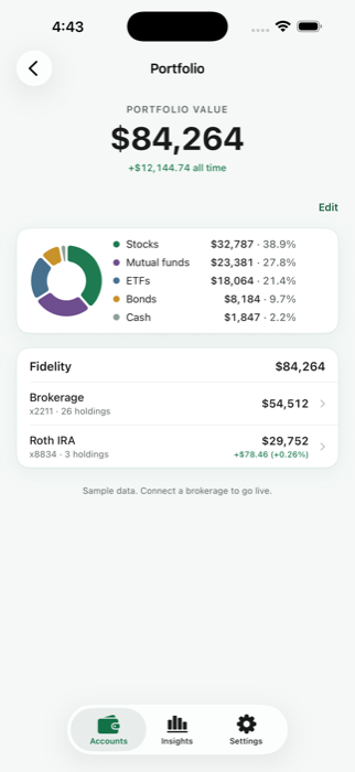 Sprig Portfolio screen showing investment holdings and allocation